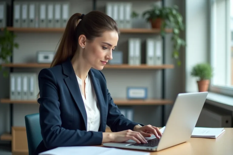 Femme enseignante accédant au webmail de l'académie de Versailles sur un ordinateur portable dans un bureau scolaire