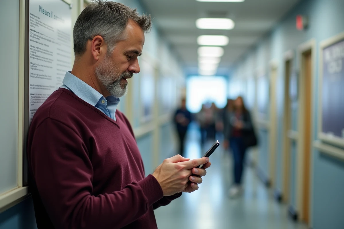 Administrateur étudiant utilisant son smartphone dans un couloir universitaire