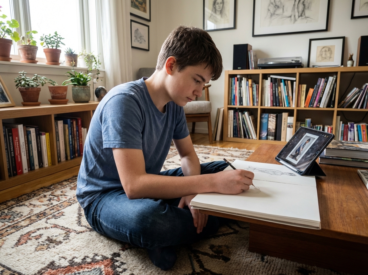 Adolescent dessinant sur un tapis dans le salon avec livres et plantes