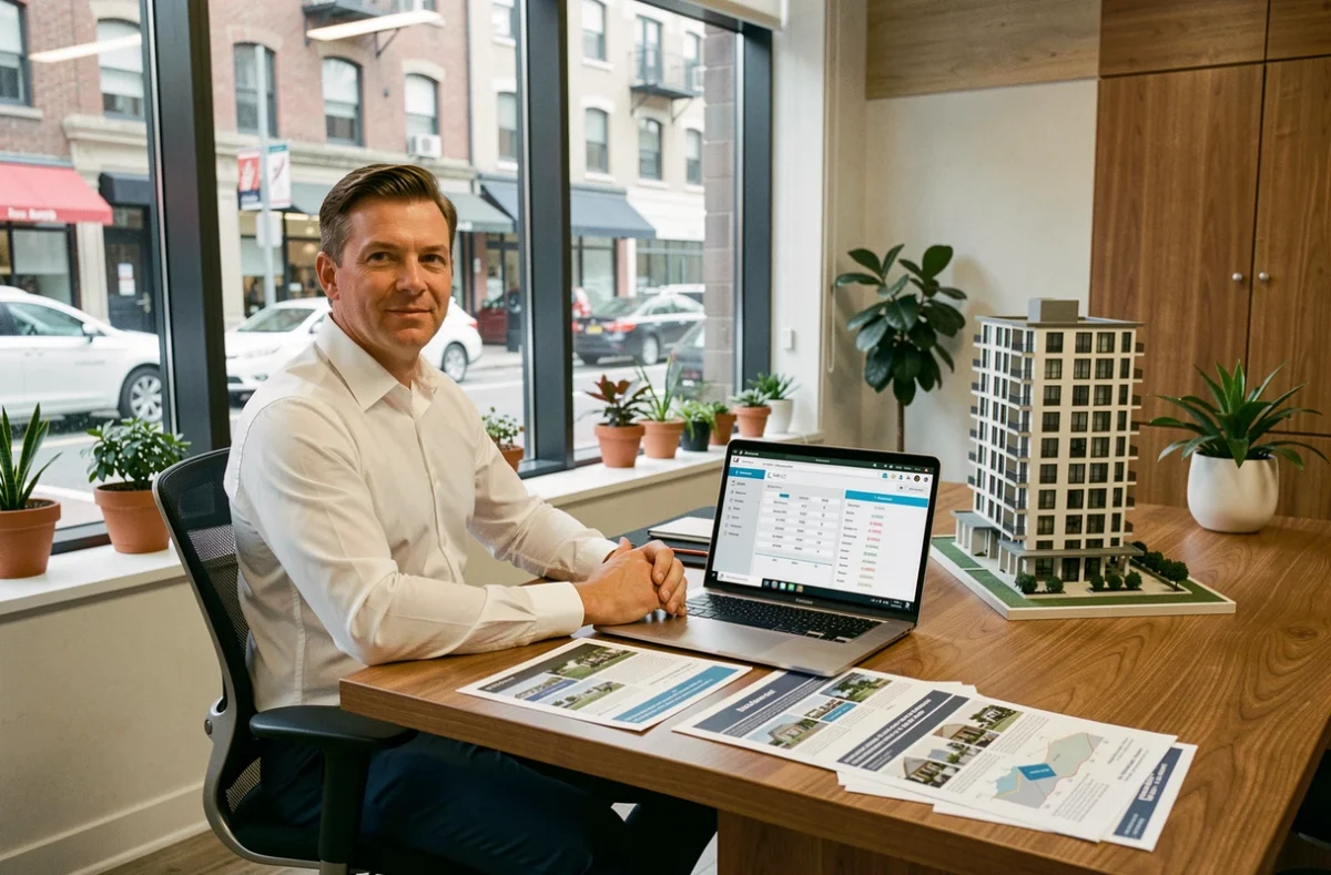 Agent immobilier analysant des rapports de comparaison de marché pour estimer la valeur d'un appartement