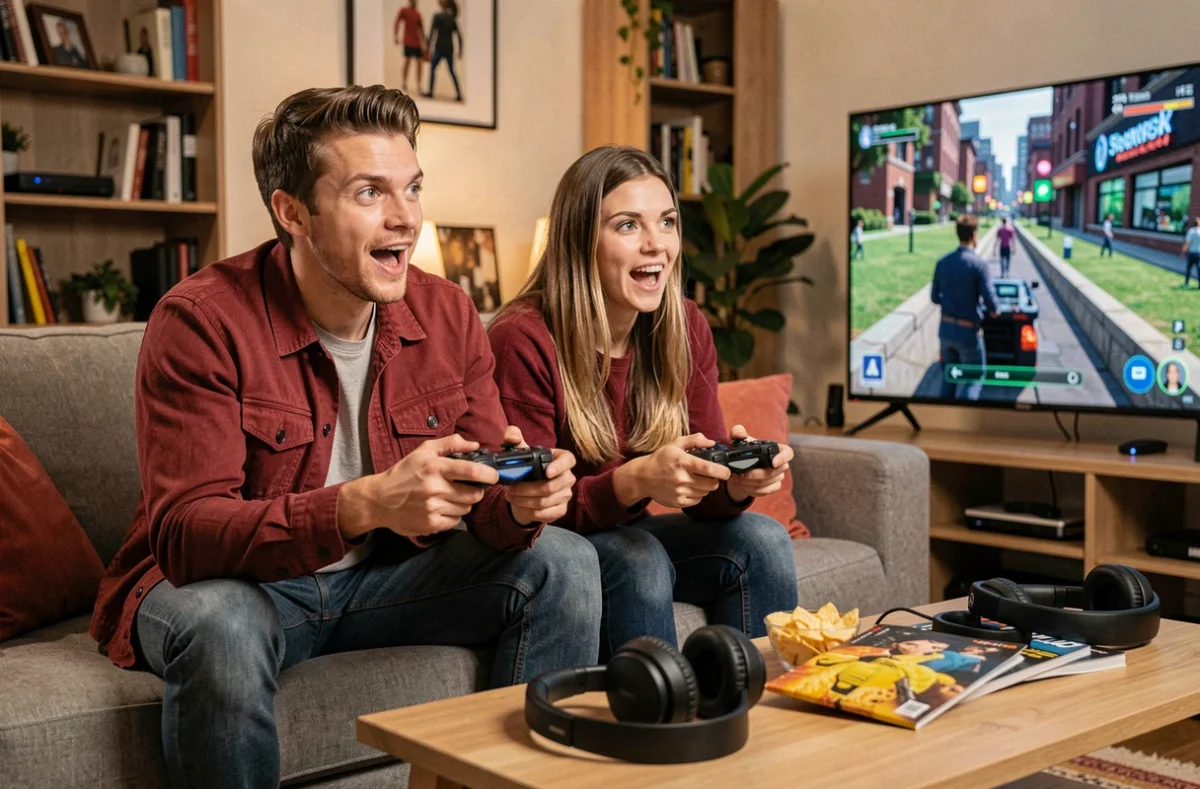 Deux amis jouant aux jeux vidéo ensemble dans un salon décoré culture geek