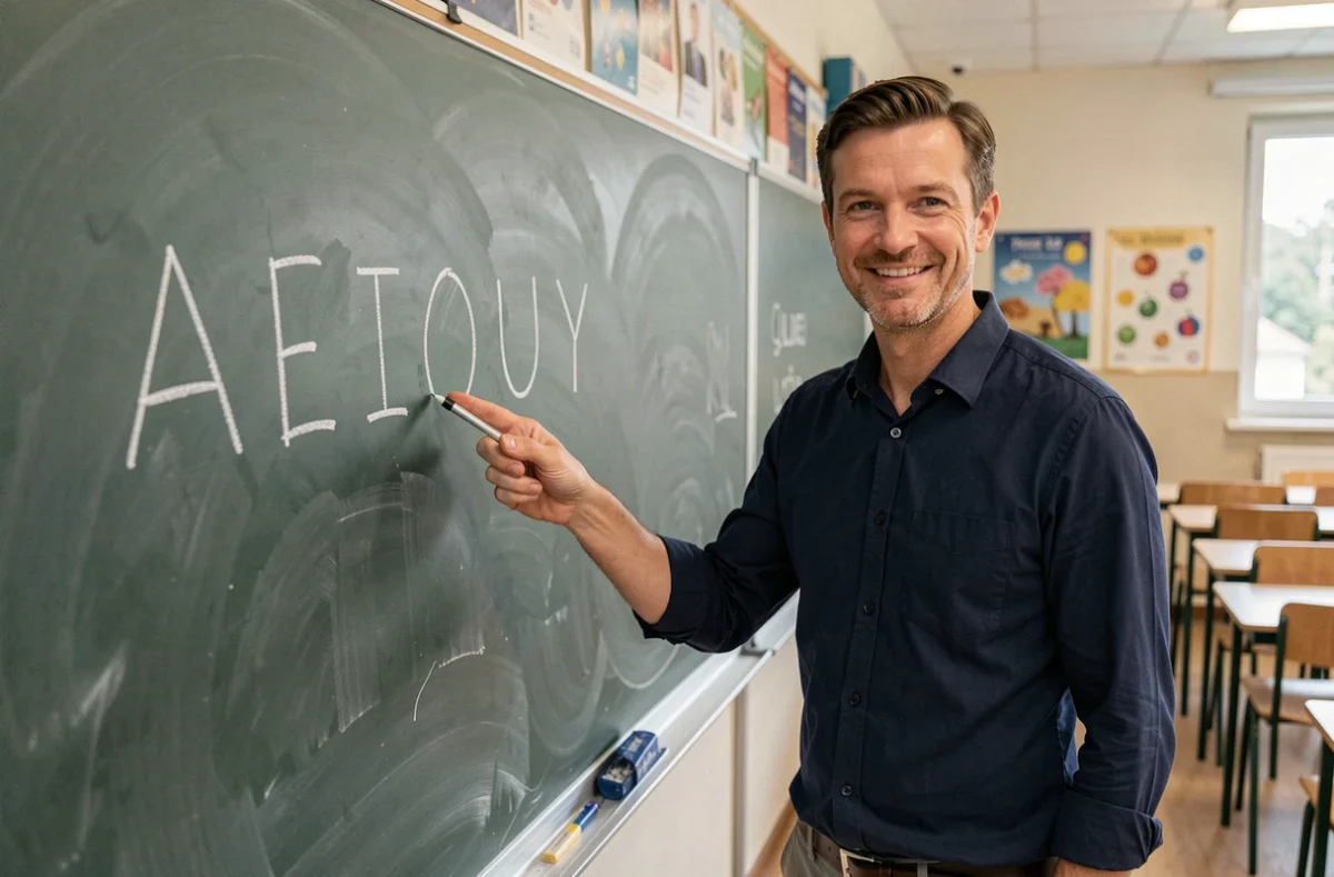 Homme enseignant les voyelles A E I O U Y devant un tableau noir dans une salle de classe, pointant les lettres écrites à la craie blanche