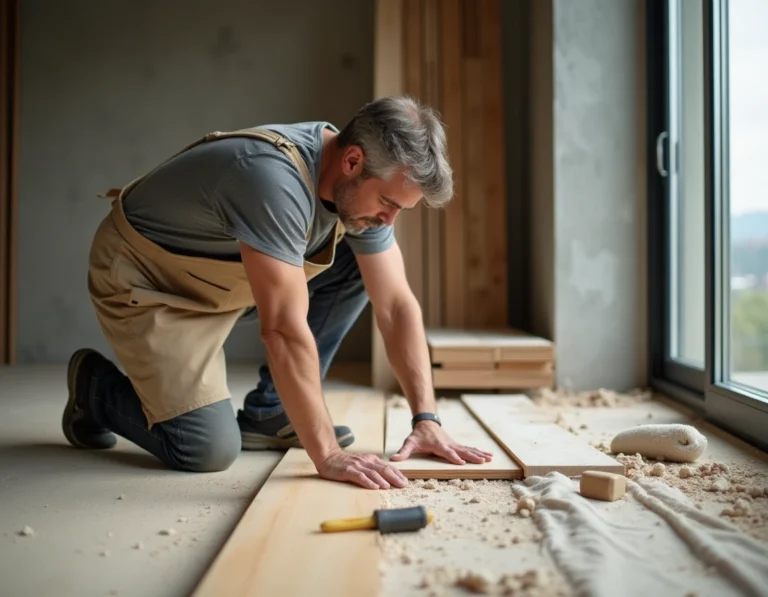 Artisan local inspectant la pose d'un parquet en bois dans un appartement en rénovation