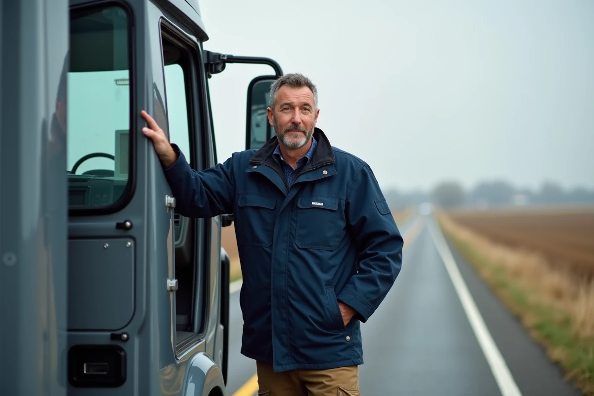 Chauffeur de camion 3,5 tonnes appuyé contre la cabine d'un fourgon gris sur une route de campagne, portrait environnemental d'un conducteur de véhicule utilitaire lourd