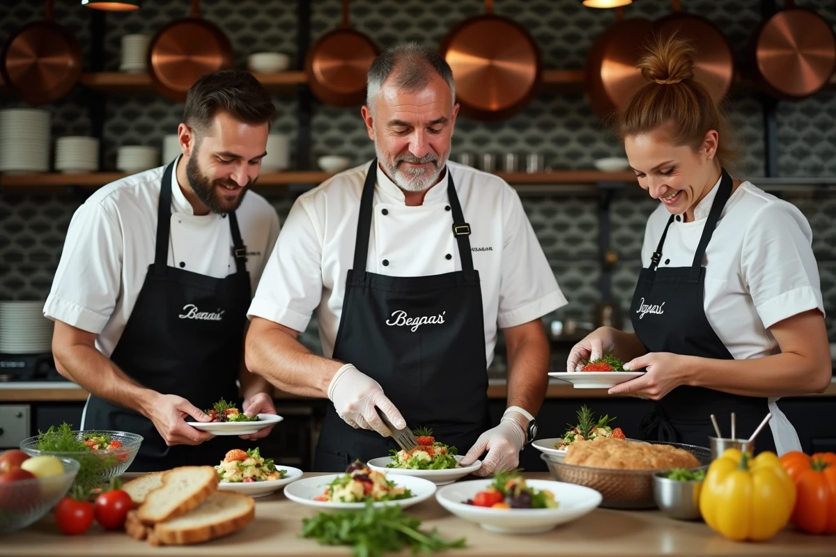 Chef et équipe préparant des plats dans une cuisine parisienne