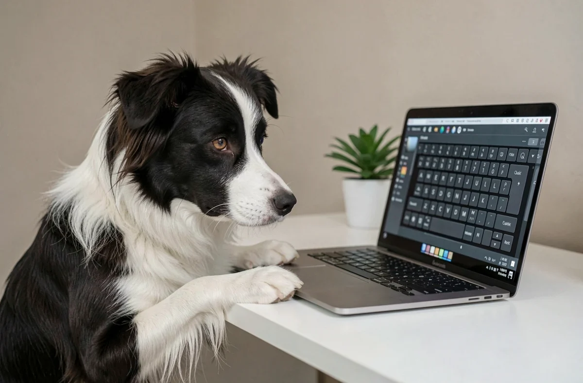 Chien border collie observant attentivement un clavier affiché sur un écran d'ordinateur portable
