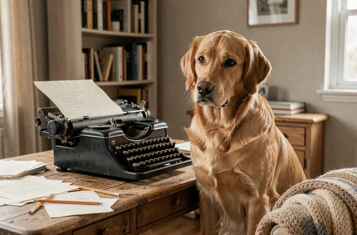 Chien golden retriever assis devant une machine à écrire vintage avec une expression curieuse et attentive