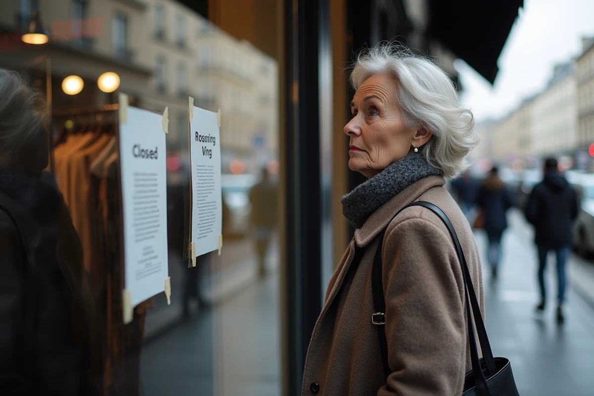 Cliente parisienne devant la vitrine fermée d'un magasin avec affiche de fermeture définitive collée sur la porte