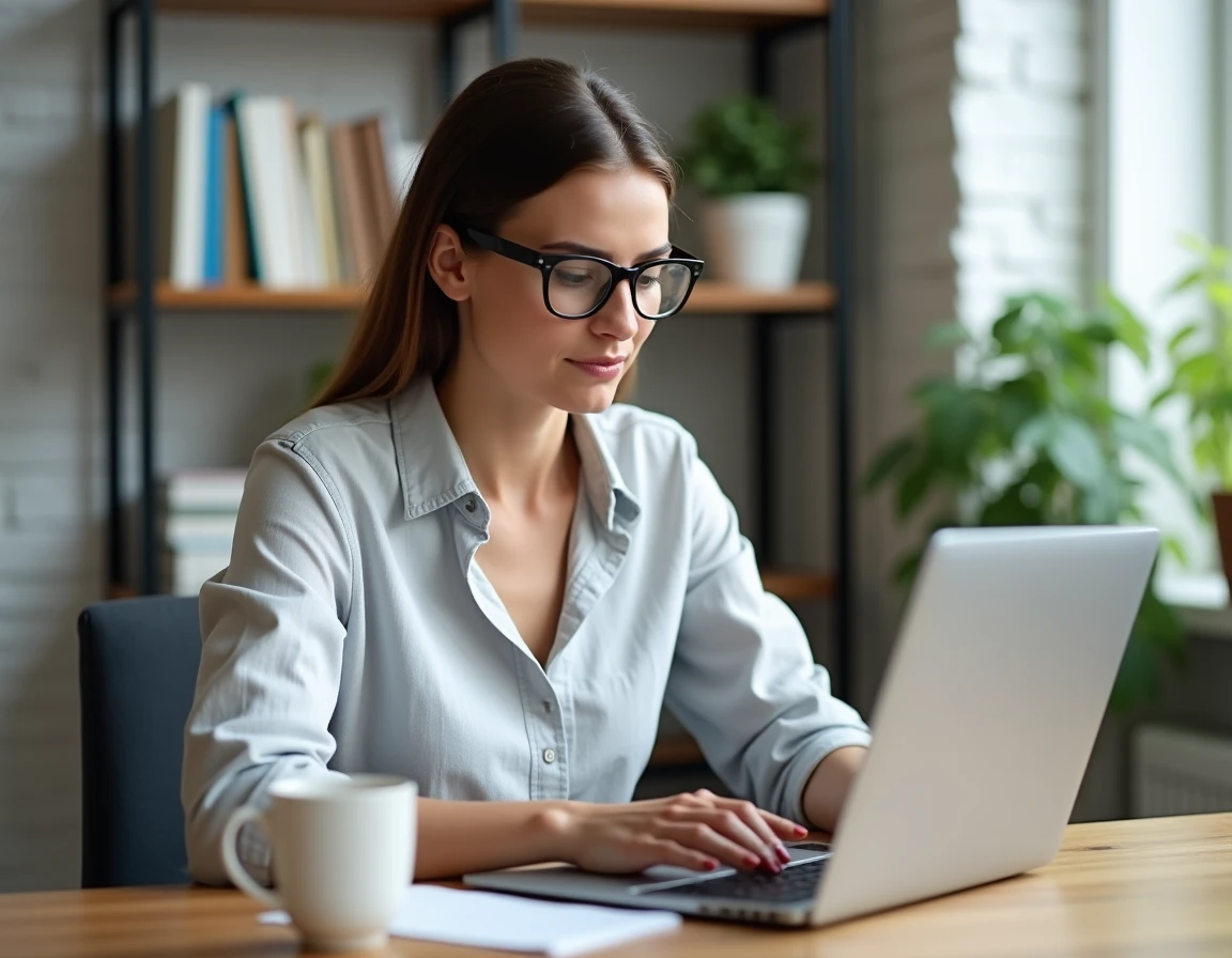Femme comparant des artisans et plateformes spécialisées sur un ordinateur portable depuis son bureau à domicile