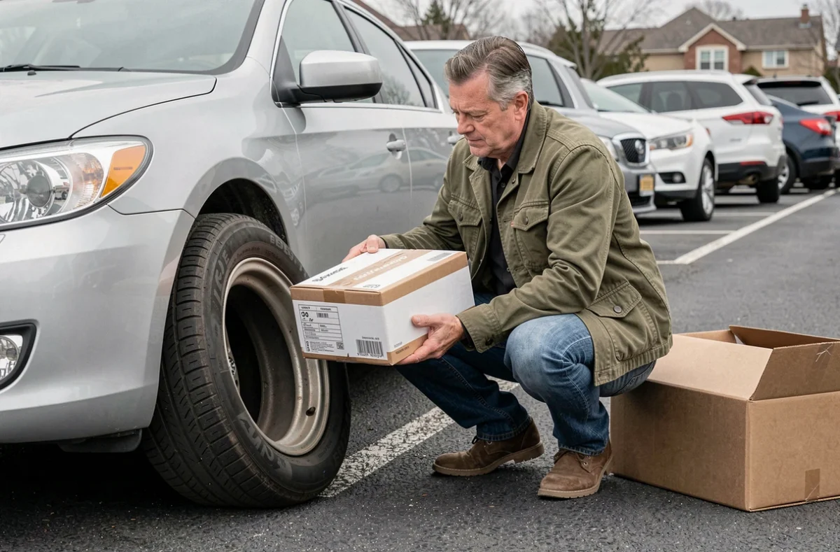 Homme comparant un pneu neuf livré à domicile avec le pneu usé de sa voiture dans un parking