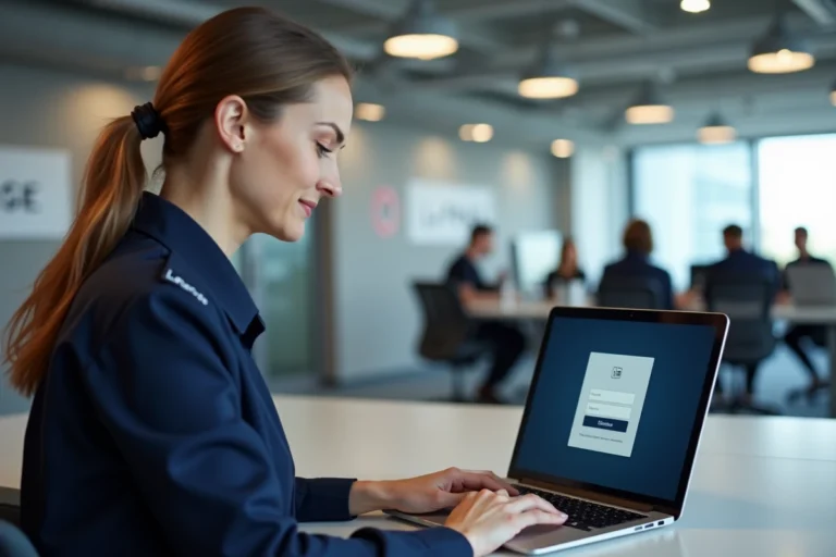 Employée de La Poste se connectant à l'extranet GTM sur un ordinateur portable dans un bureau administratif