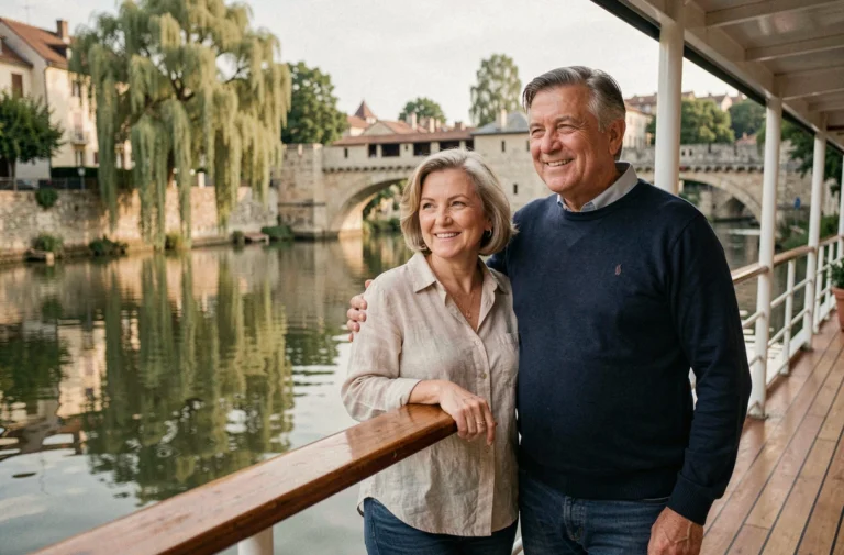 Couple profitant d'une croisière fluviale sur le pont d'un bateau longeant des paysages européens pittoresques
