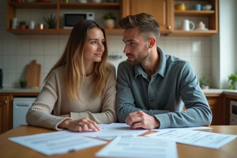 Couple dans leur cuisine lisant des papiers ensemble
