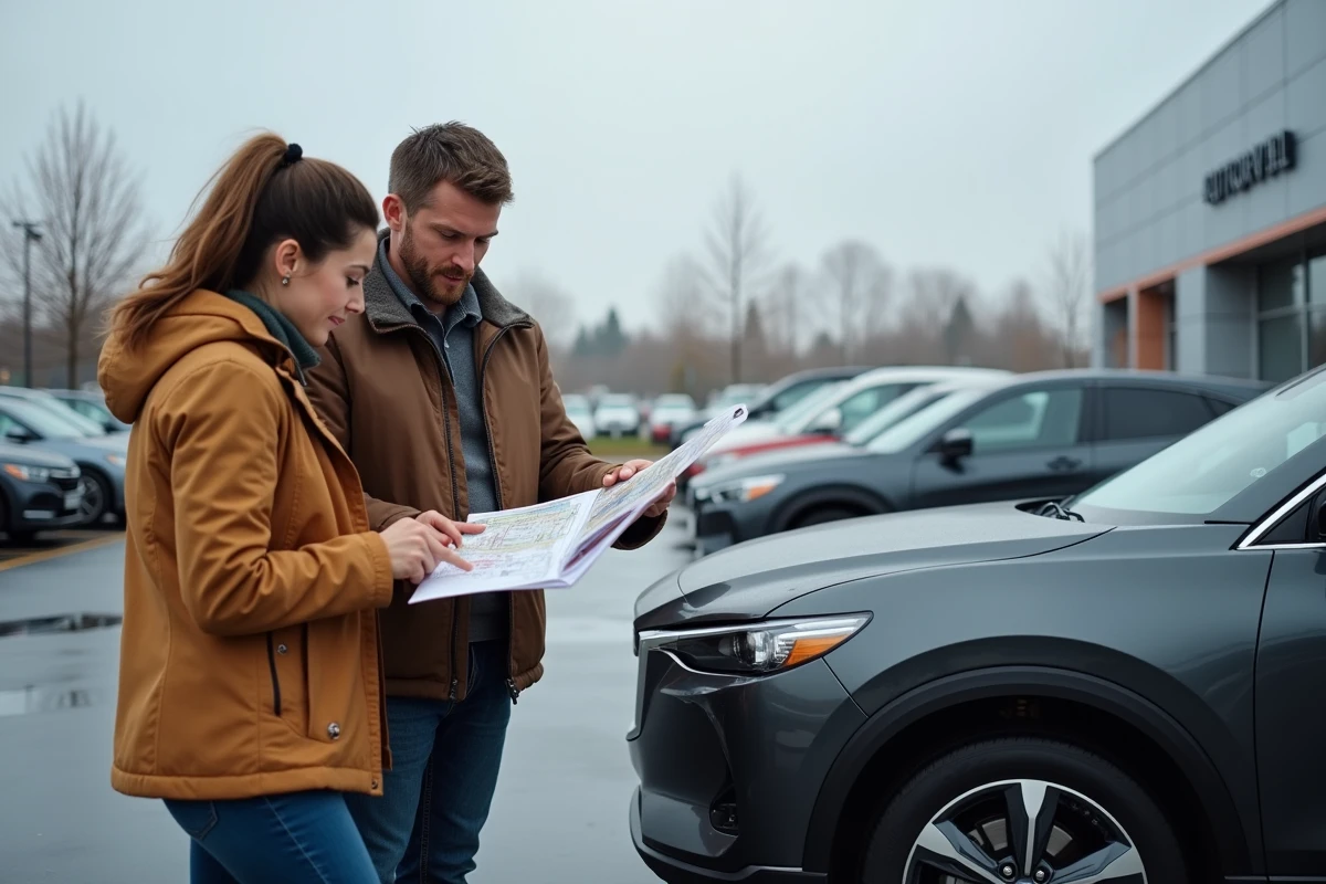 Couple consultant un plan de site imprimé d'un concessionnaire automobile dans un parking de concession