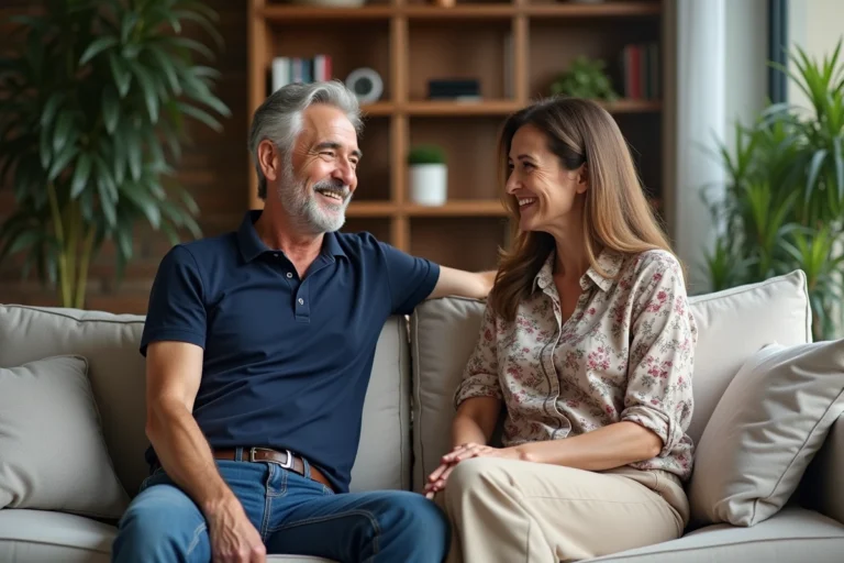 Homme et femme souriants dans un salon moderne