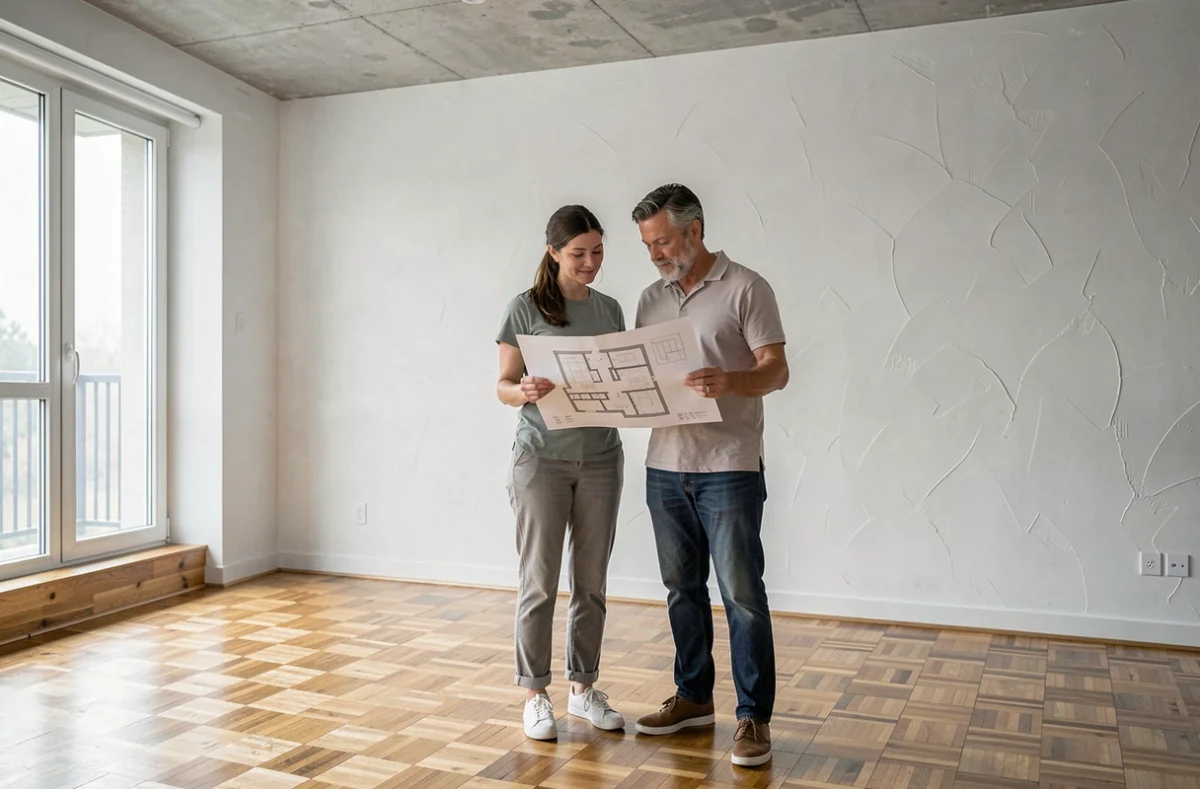 Couple examinant le plan d'un appartement vide lors d'une visite immobilière pour en estimer la valeur