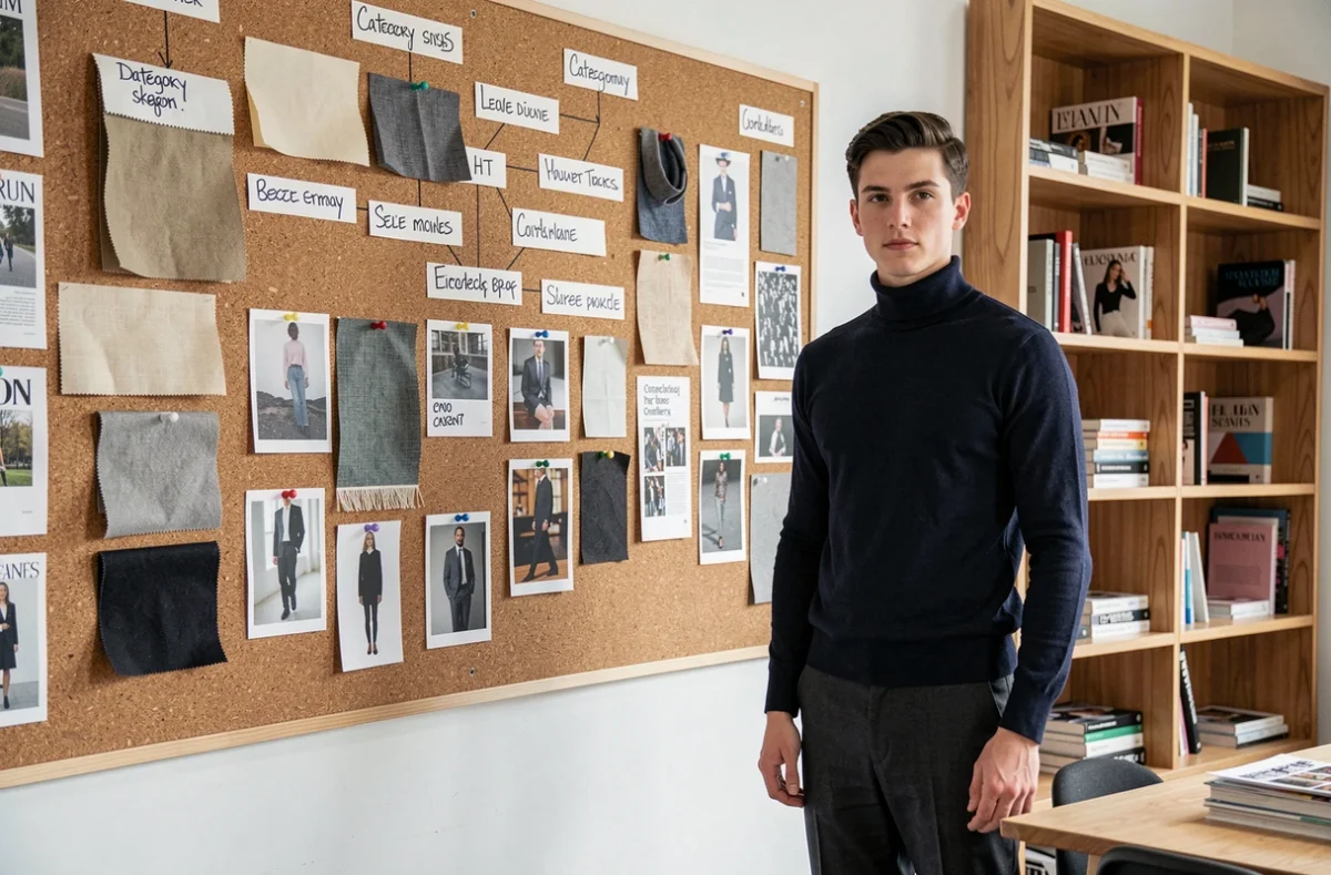 Éditeur de mode masculin debout devant un moodboard organisé par rubriques tendances dans un espace créatif