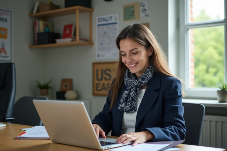 Jeune enseignante souriante devant son ordinateur dans un bureau moderne