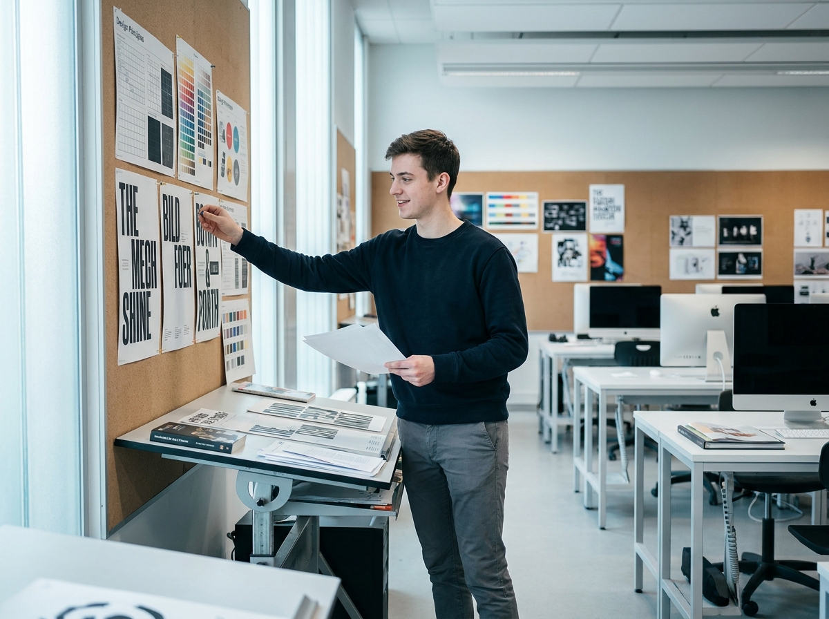 Étudiant en design graphique accrochant ses créations sur un tableau de liège dans une salle de cours moderne, alliant rigueur académique et expression artistique