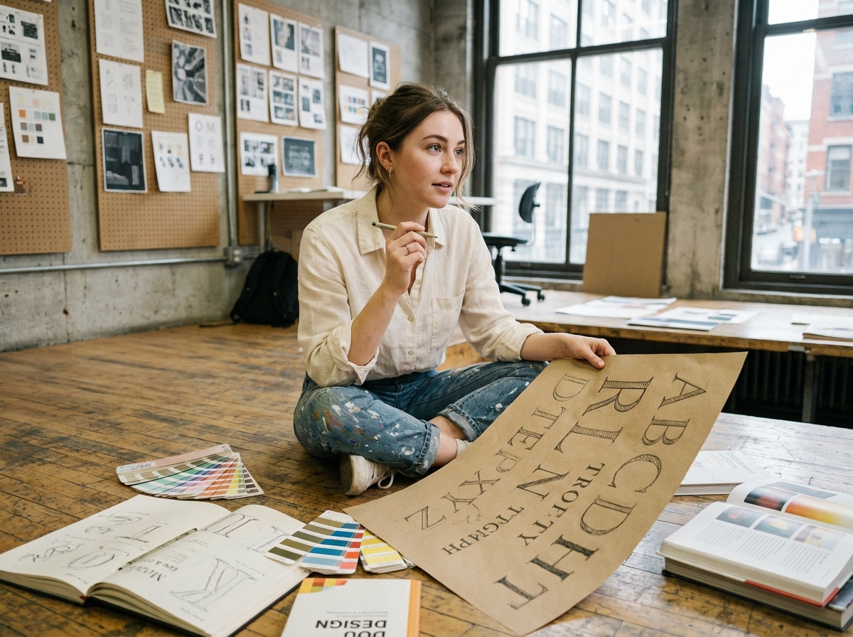Étudiante en design graphique assise sur le sol d'un atelier universitaire, entourée de carnets de croquis et de références typographiques, exprimant sa créativité personnelle