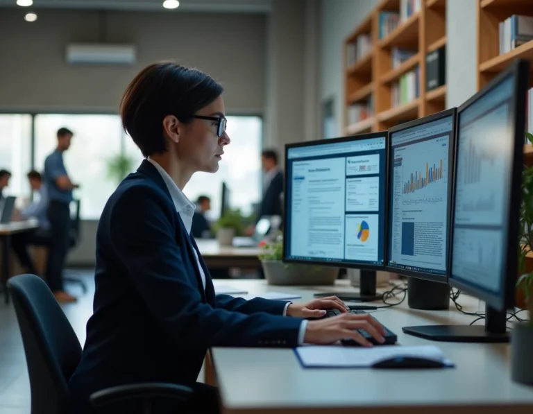 Femme professionnelle consultant des actualités high-tech sur un écran ultrawide dans un bureau moderne