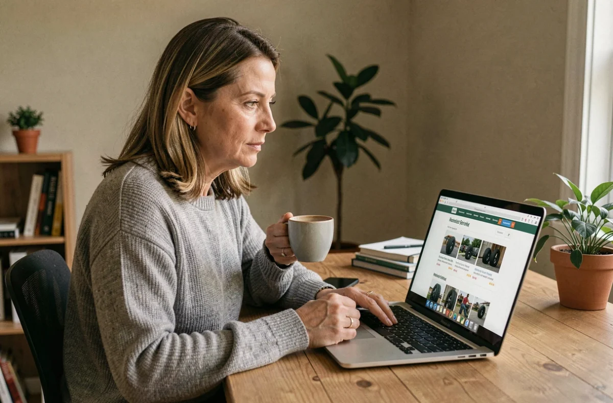 Femme lisant des avis clients sur un site de vente de pneus en ligne depuis son bureau à domicile