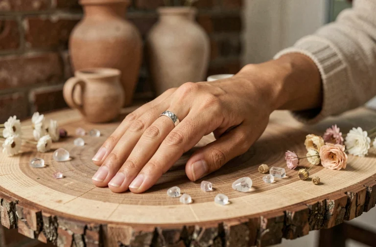 Femme portant une bague au pouce en argent martelé, posant la main sur une table en bois brut dans un atelier artisanal bohème