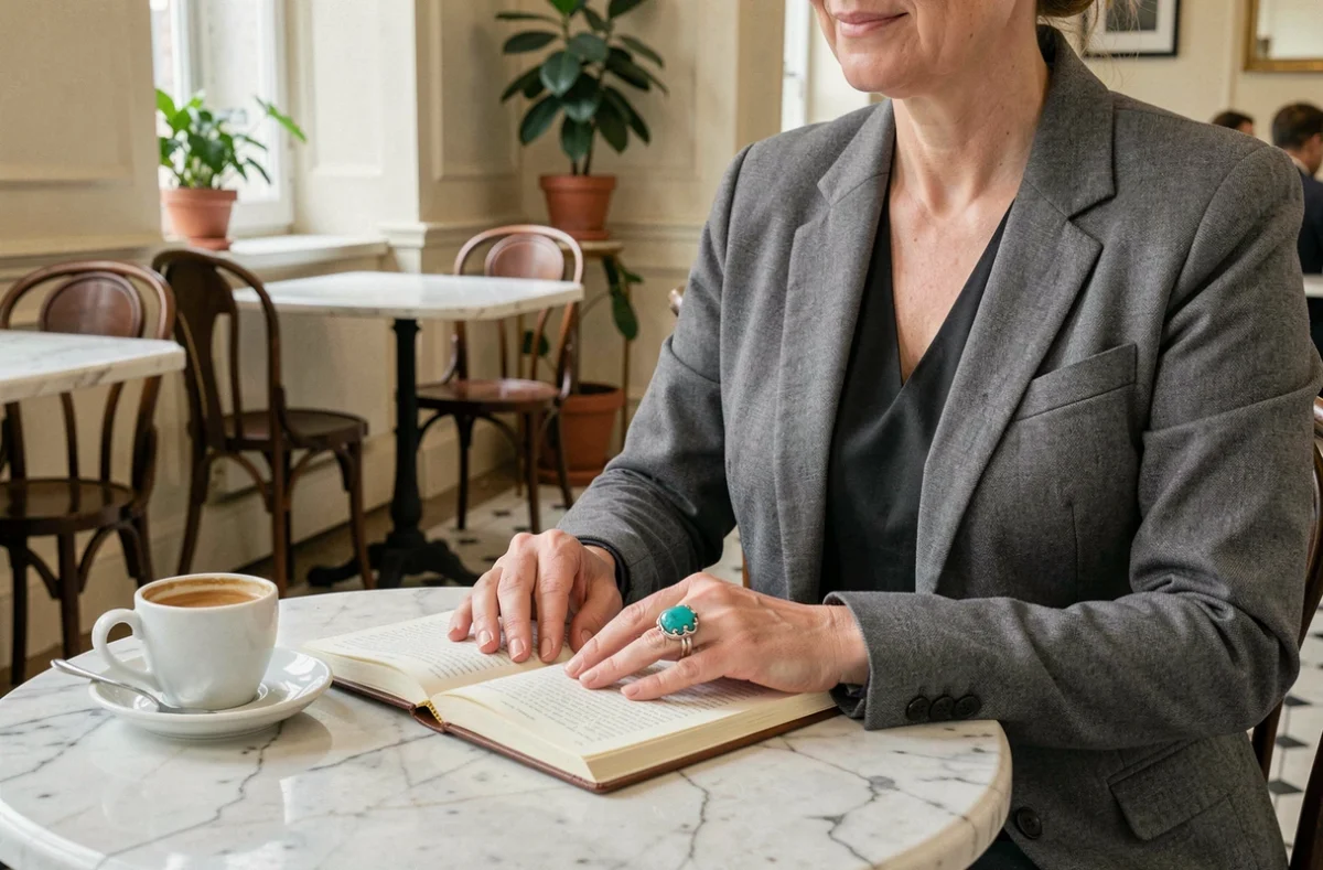 Femme élégante portant une bague au pouce turquoise et argent dans un café parisien, journal et espresso posés sur une table en marbre