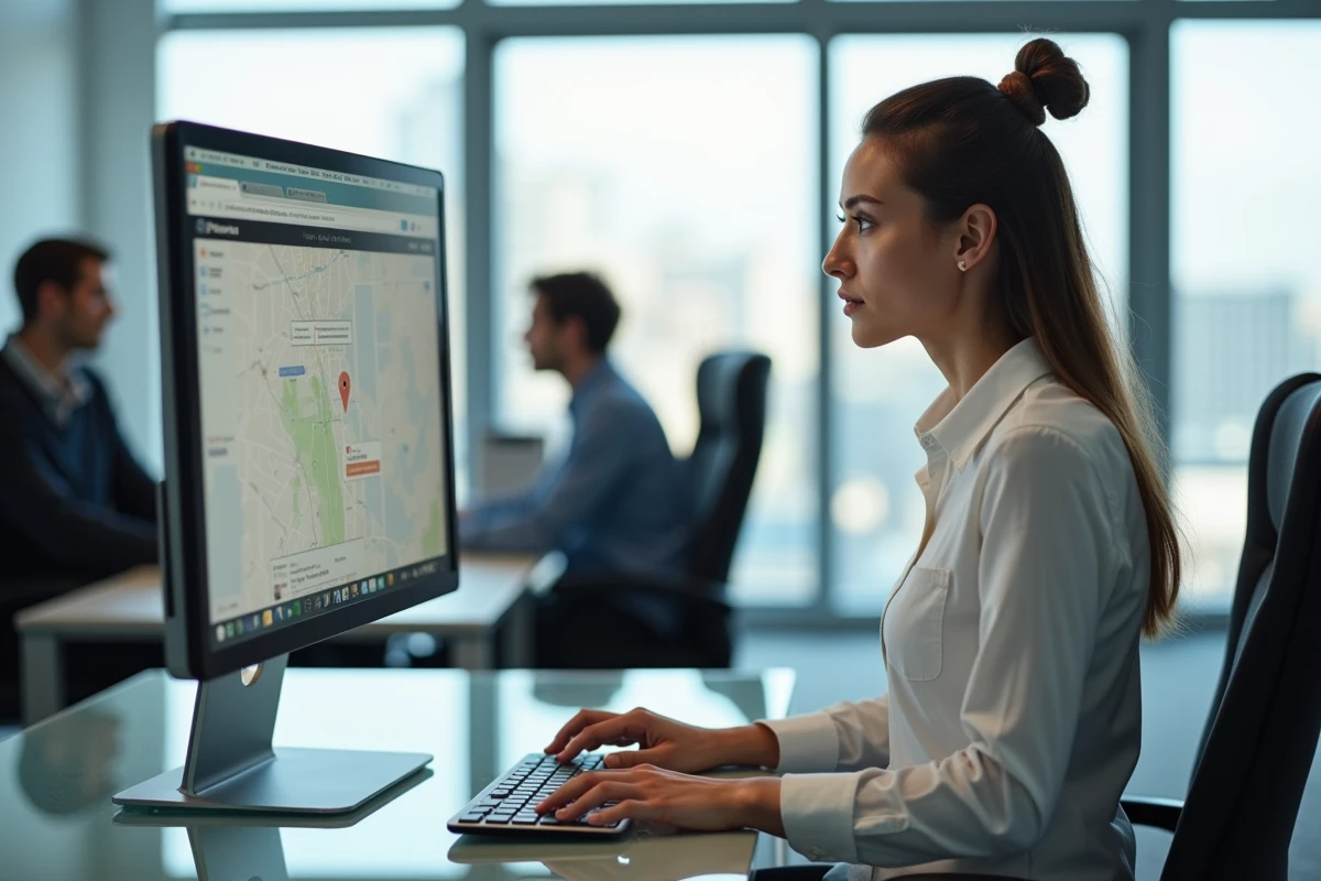 Femme en bureau moderne devant un écran d'ordinateur affichant une application de carte web défaillante