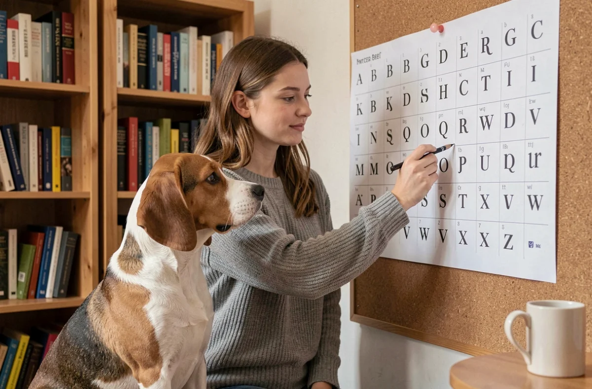 Femme et chien beagle examinant ensemble un tableau de l'alphabet dans une pièce d'étude chaleureuse