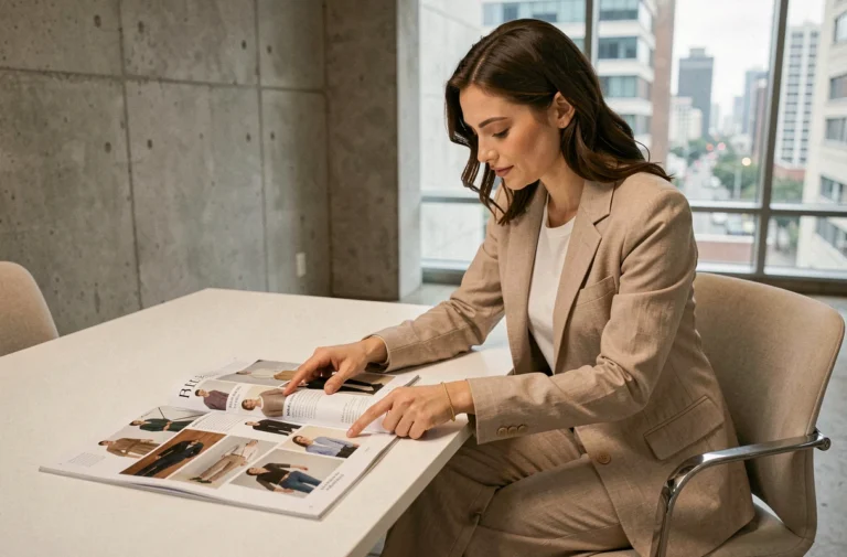 Femme élégante consultant un plan de magazine mode étalé sur un bureau minimaliste dans un studio contemporain