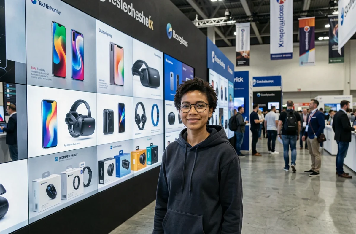 Femme découvrant les derniers gadgets high-tech lors d'une exposition technologique