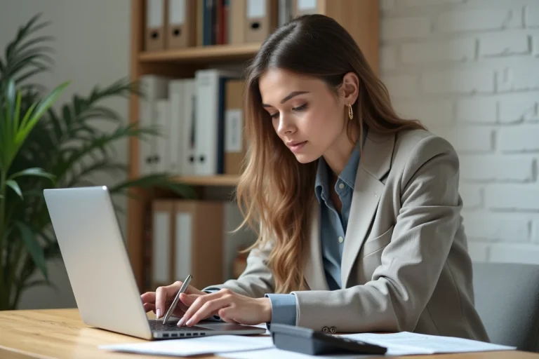 Femme de 30 ans en tenue décontractée travaillant à son bureau