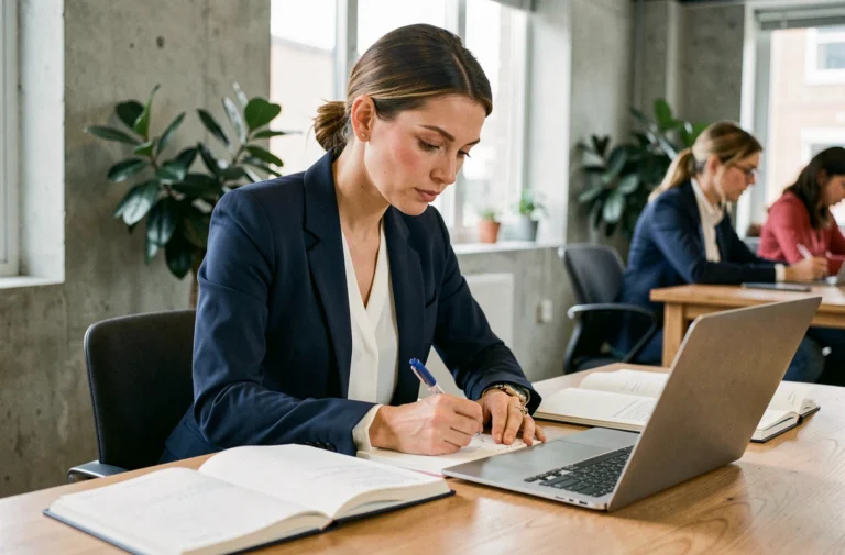 Femme professionnelle suivant une formation business en ligne dans un espace de coworking moderne, prenant des notes sur un carnet ouvert devant un ordinateur portable
