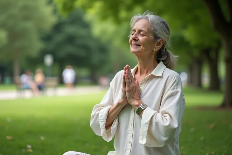 Femme méditant en plein air dans un parc verdoyant