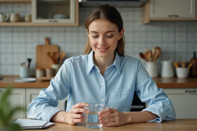 Jeune femme mesurant de l'eau dans une cuisine chaleureuse
