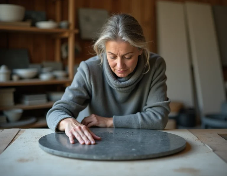Femme touchant une plaque funéraire en granit dans un atelier de gravure artisanal