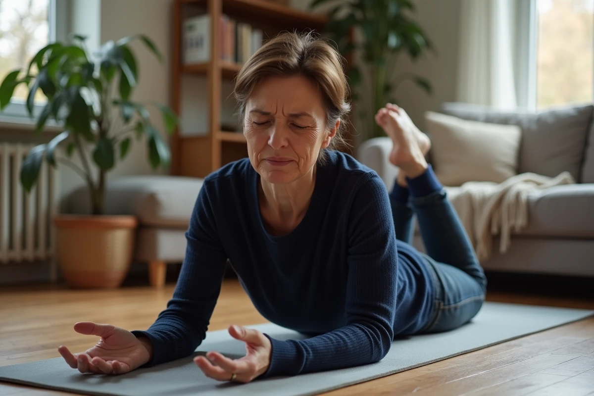 Femme allongée en position fœtale sur un tapis de yoga pour soulager un ventre ballonné dans un salon cosy
