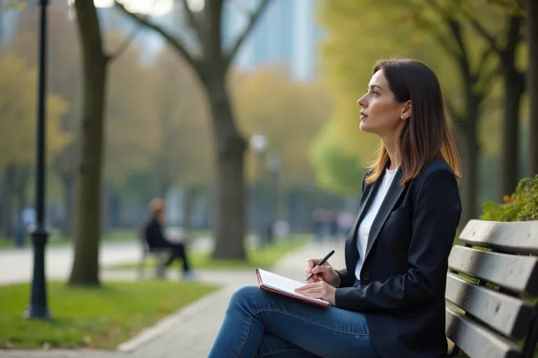Femme réfléchie assise dans un parc urbain avec carnet
