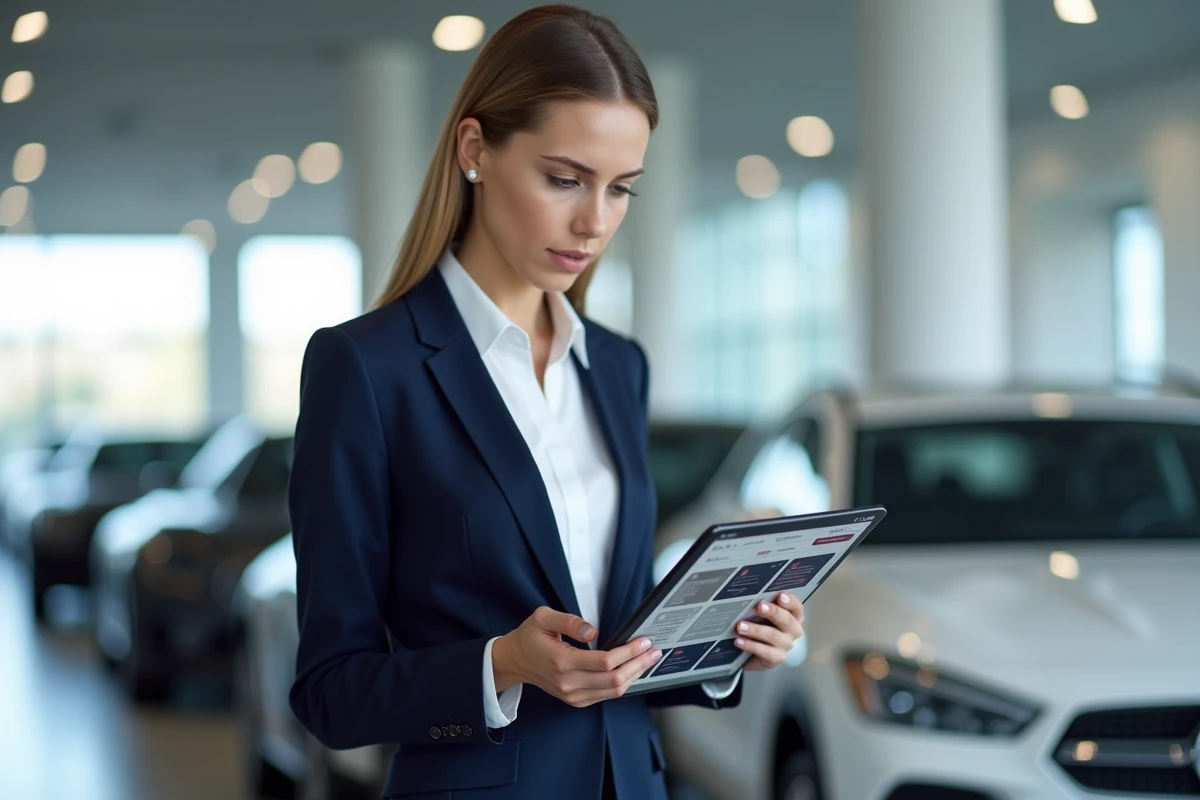 Femme consultant un plan de site web sur une tablette dans un showroom de concession automobile