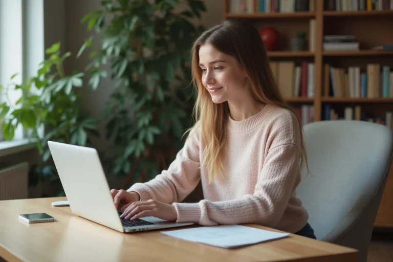Jeune femme travaillant à domicile sur son ordinateur portable