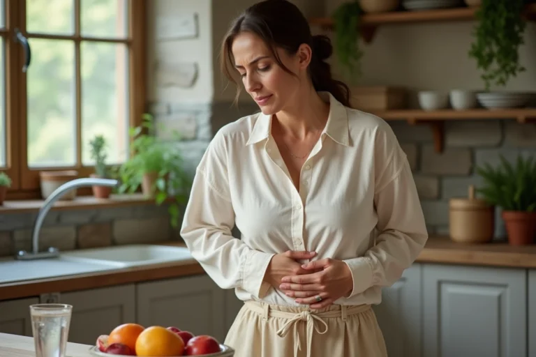 Femme tenant son ventre gonflé à une table de cuisine en bois, illustrant les symptômes de ballonnement abdominal