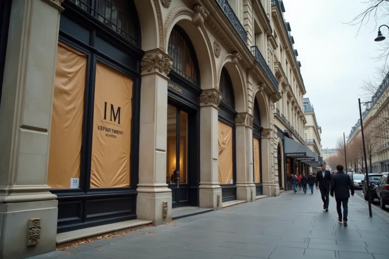 Façade d'un grand magasin parisien fermé sur un boulevard Haussmannien avec vitrines recouvertes d'affiches de fermeture