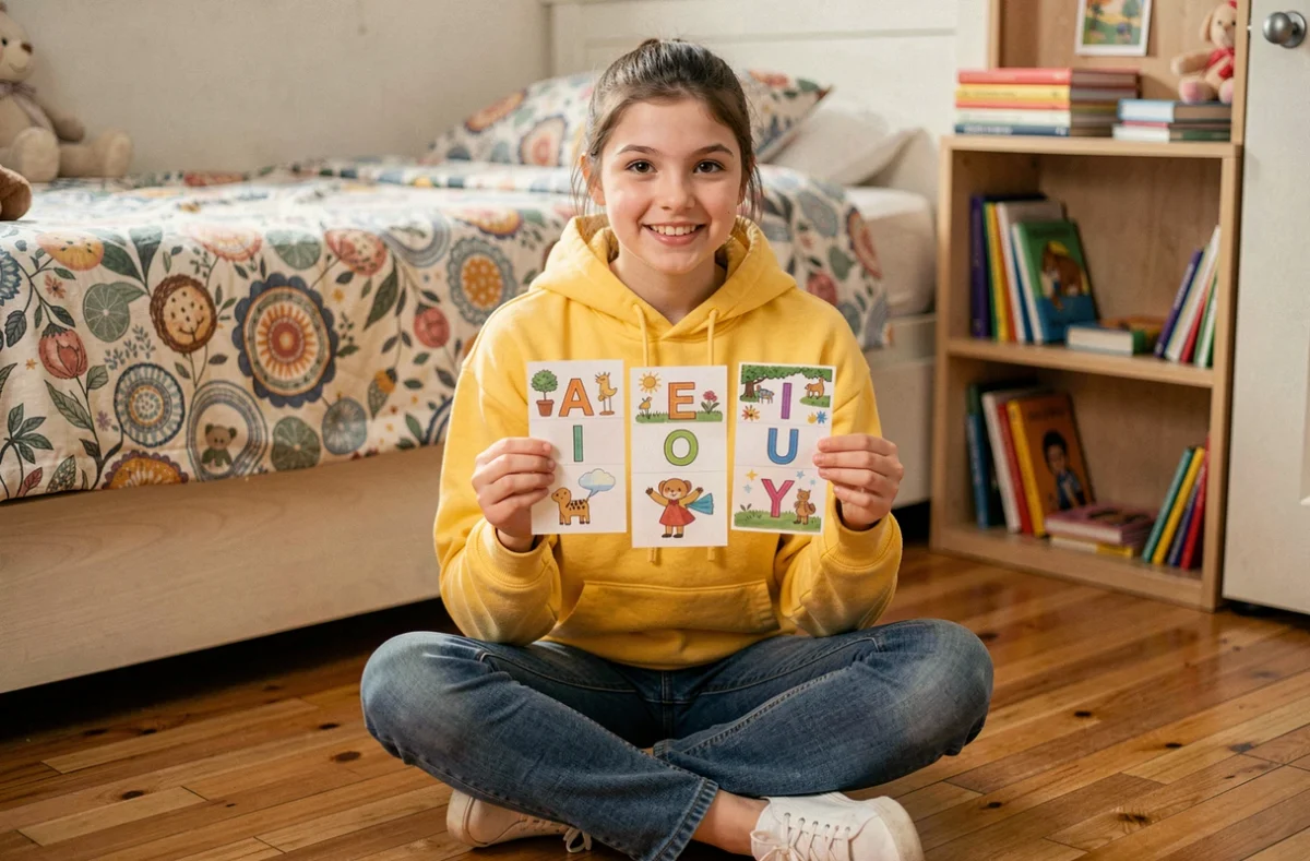 Adolescente assise sur le sol de sa chambre tenant des fiches illustrées avec les voyelles A E I O U Y pour les mémoriser facilement
