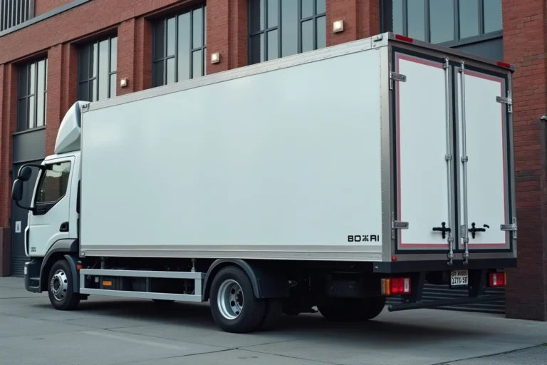 Fourgon 3,5 tonnes blanc garé sur un quai de chargement industriel urbain, vue trois quarts arrière montrant les caractéristiques du véhicule utilitaire