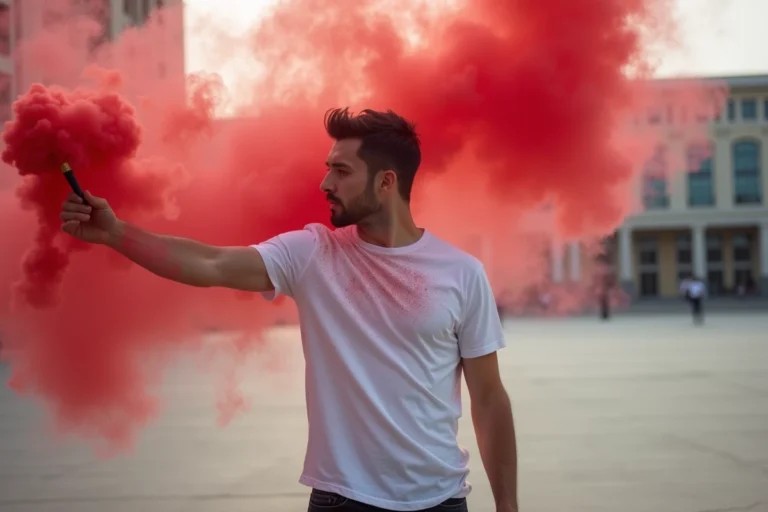 Jeune homme tenant un fumigène rouge en extérieur, taches de poudre colorée visibles sur son t-shirt blanc