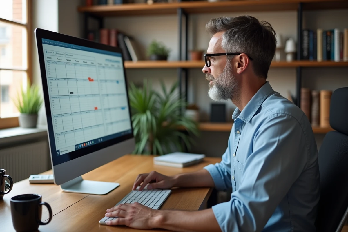 Homme consultant son planning de travail sur l'extranet GTM La Poste depuis son bureau à domicile