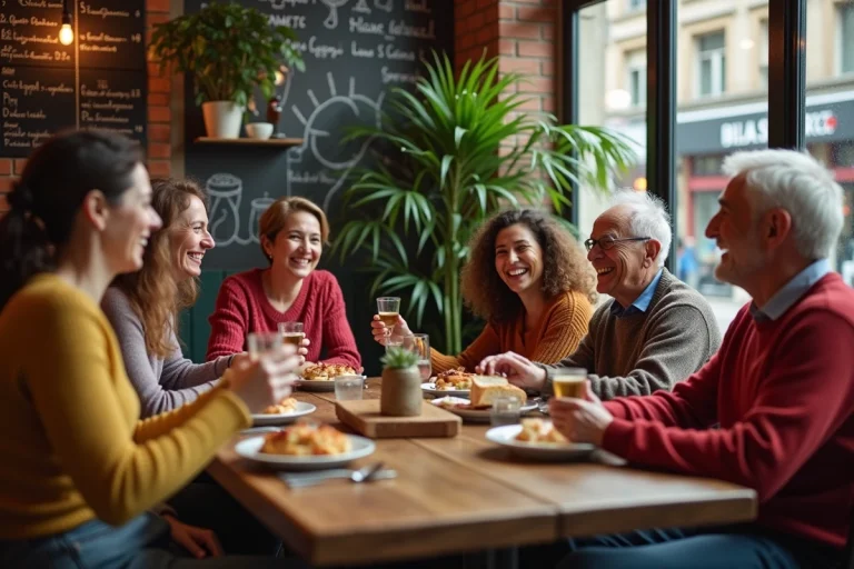 Groupe divers d'adultes partageant un repas convivial à Paris
