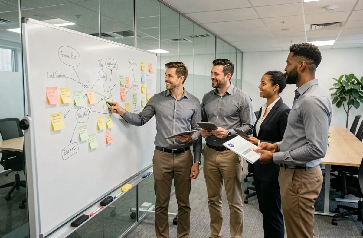 Groupe de professionnels en formation business autour d'un tableau blanc avec des schémas stratégiques dans une salle de réunion moderne