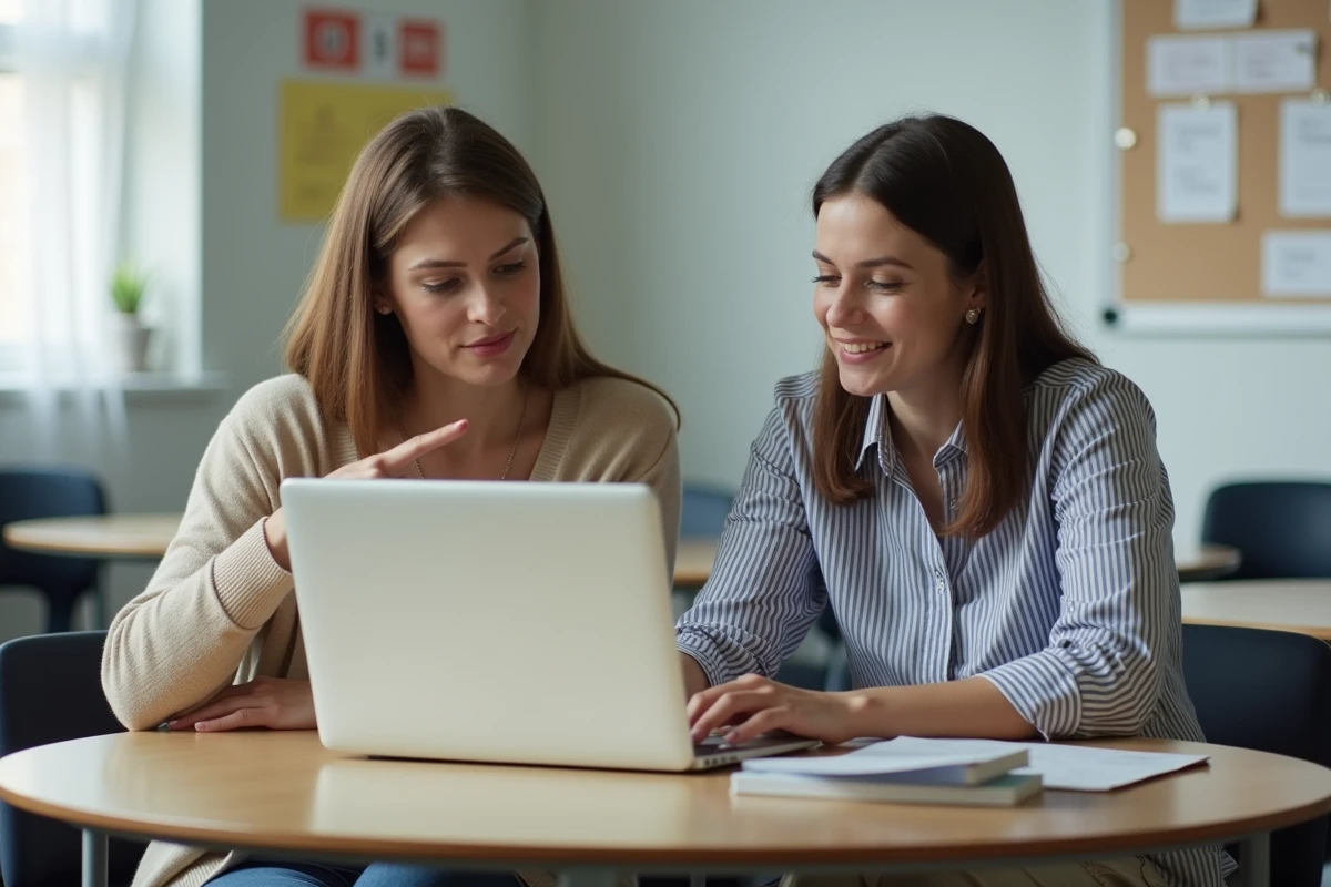 Deux enseignantes consultant ensemble le guide de connexion au webmail de l'académie de Versailles dans une salle des professeurs